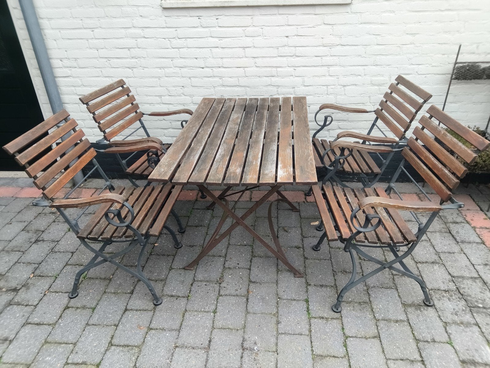 Houten Franse bistro set met 4 stoelen, 4 zitplaatsen, Gebruikt, Ophalen of Verzenden, Tuinset