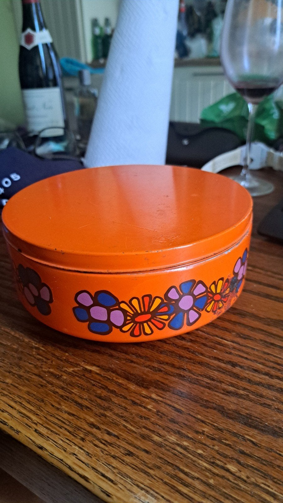 Vintage Brabantia voorraadbus - Oranje met bloemmotief, Ophalen of Verzenden