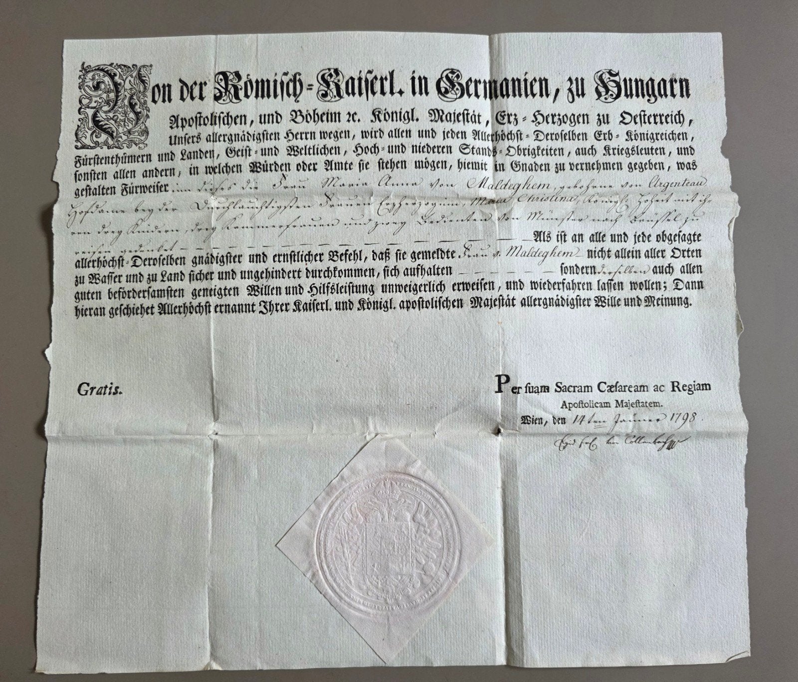 061) ORIGINEEL 18e-EEUWS OOSTENRIJKS PASPOORT 14 JAN. 1798, Verzenden, Voor 1920, Overige typen