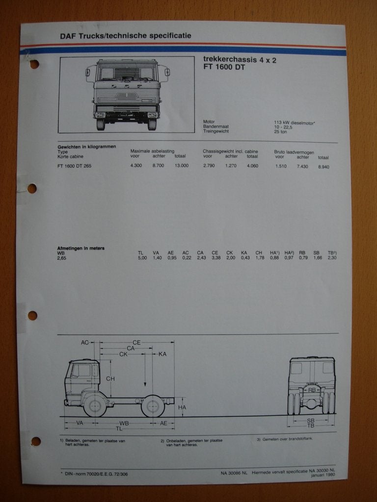 DAF FT 1600 DT Technische Specificatie Folder 1980 - 4x2, Ophalen of Verzenden, Zo goed als nieuw, Overige merken, DAF