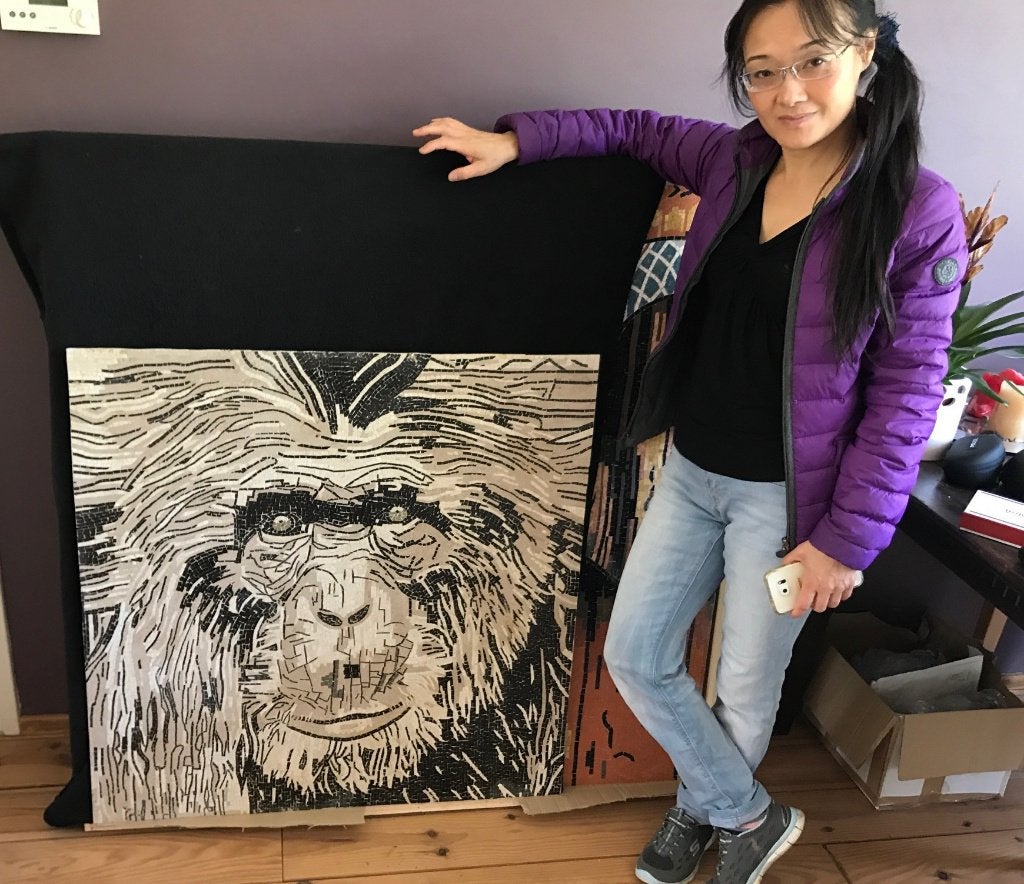 Chimpagnee mozaiek met de hand gemaakt 90 x 90, Antiek en Kunst, Ophalen