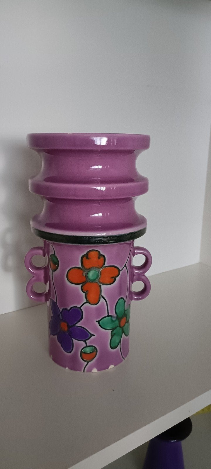 Vintage paarse vaas met kleurrijke bloemen, 27 cm, Ophalen of Verzenden