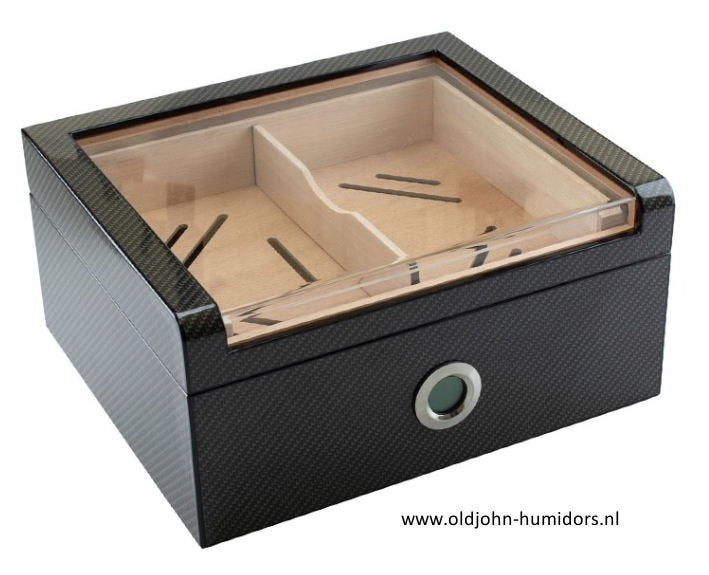 HUMIDOR 75 SIGAREN GLASS TOP CARBON DIGITAAL BOOKWILL    H06, Verzenden, Nieuw, Tabaksdoos of Verpakking