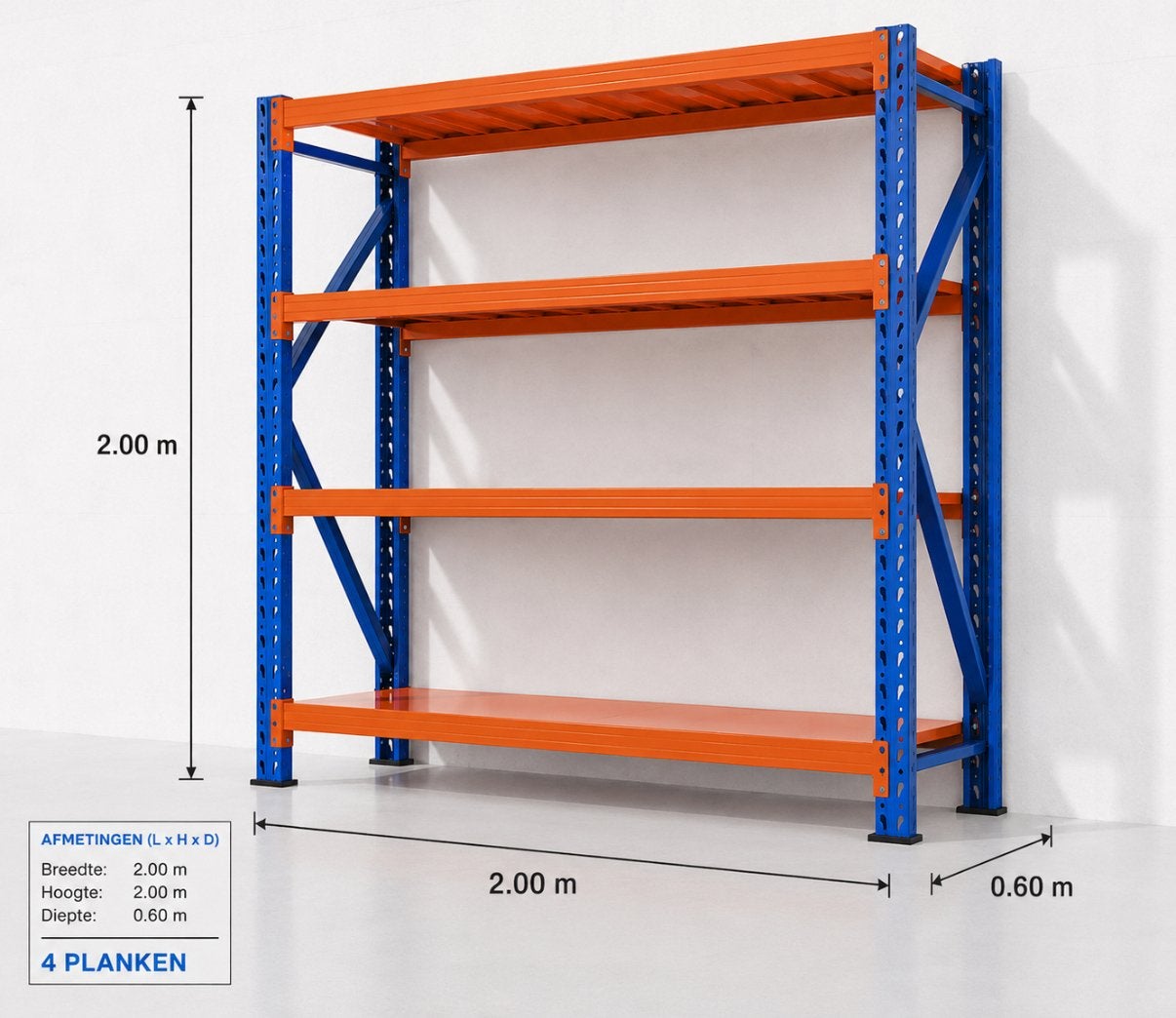 Magazijnstelling 200x200x60 cm – 800 kg draagvermogen, Kastenstraat, Nieuw, Ophalen of Verzenden, Kasten