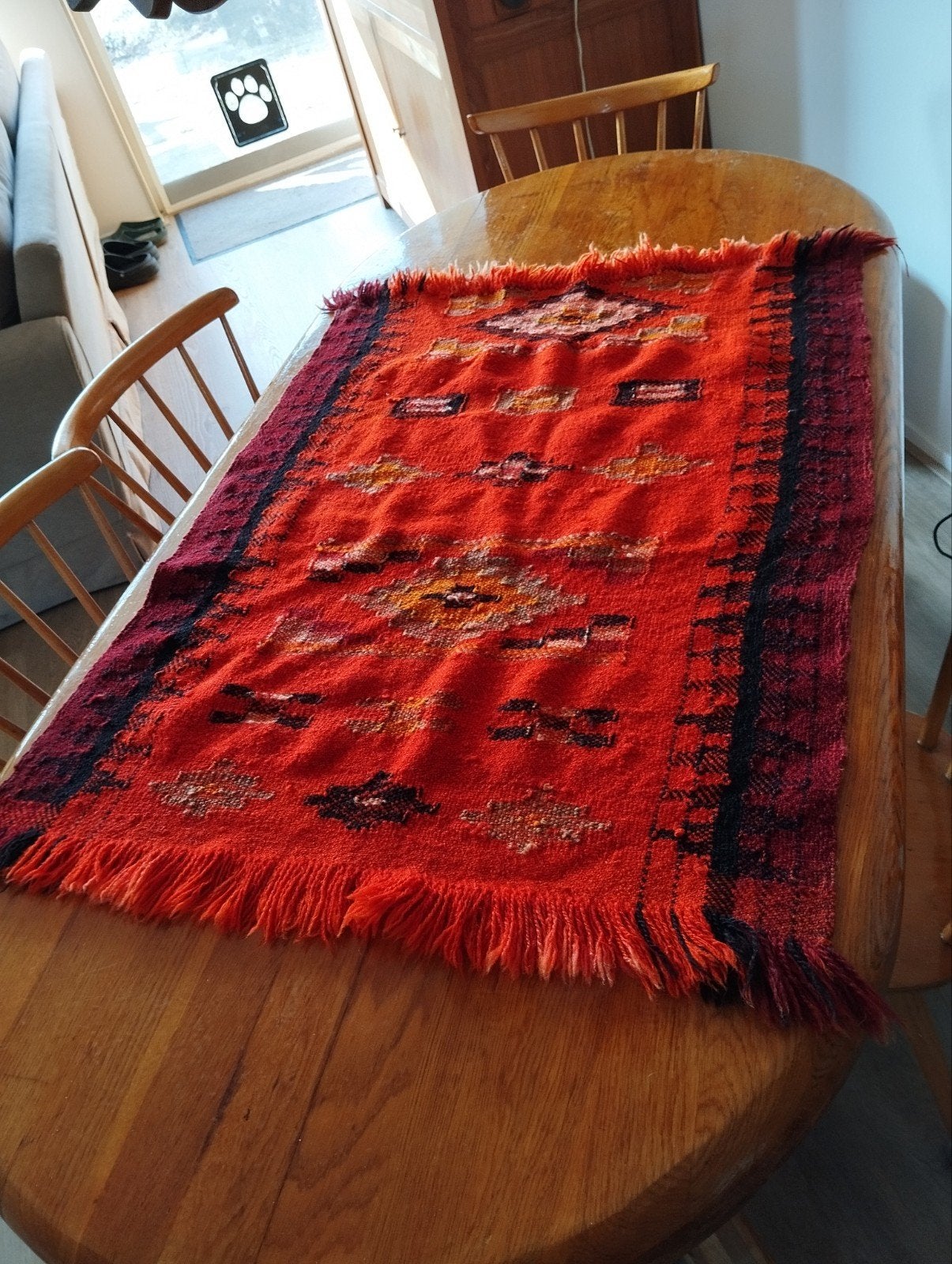 Handgeweven Marokkaans Hanbel Kelimtapijt - Oranje/Zwart, Oranje, Gebruikt, 100 tot 150 cm, Marokkaans, Kelim, Hanbel, Geometrisch