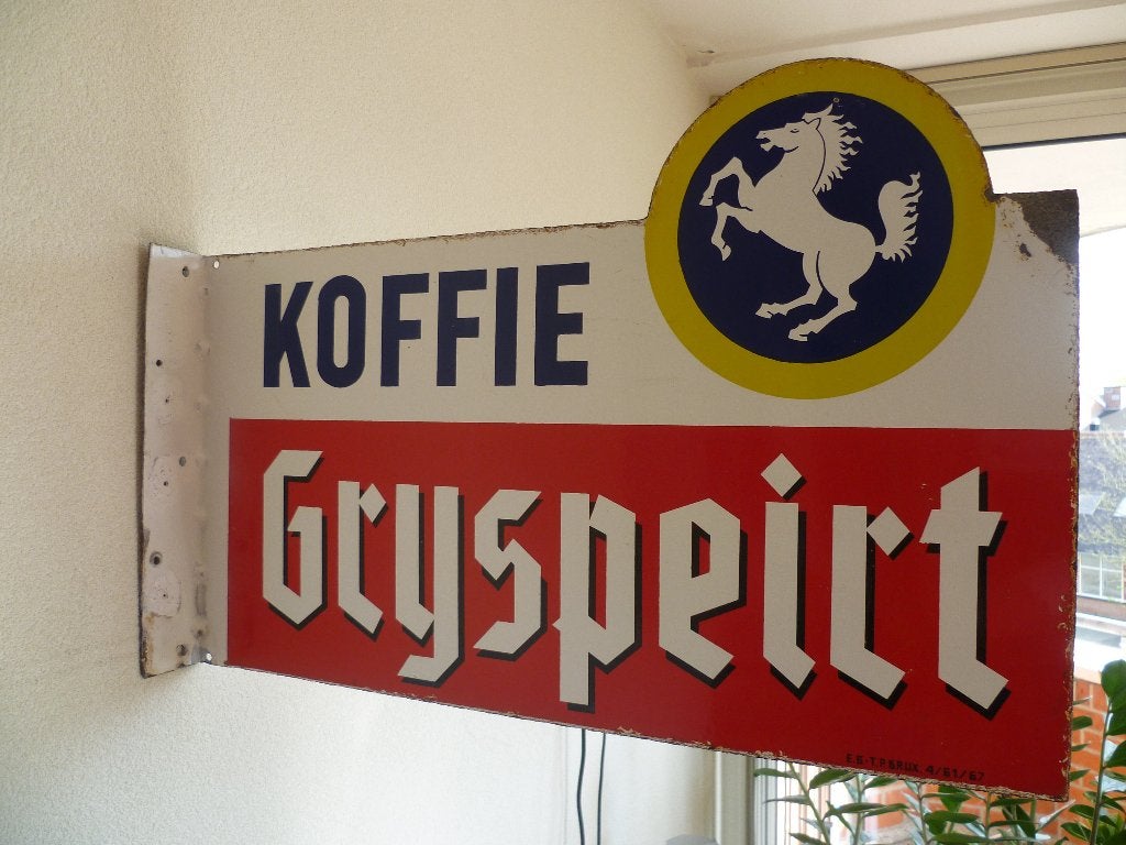 EMAILLE RECLAME BORD DUBBELZIJDIG"GRIJSPEIRT KOFFIE"UIT 1967, Ophalen of Verzenden, Gebruikt, Reclamebord