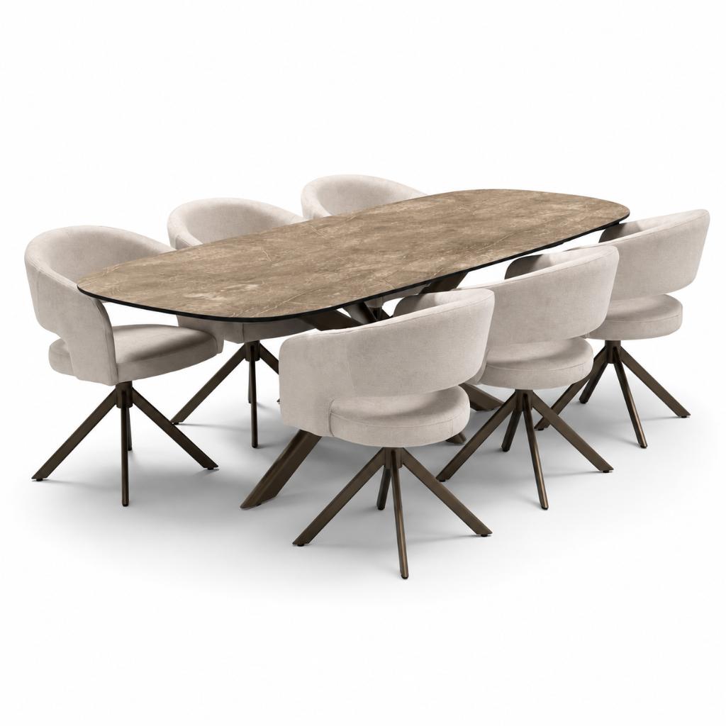 tafels hpl ultra matt beige marmer fenix 220 en 240cm, 200 cm of meer, Zo goed als nieuw, Vijf personen of meer, Rechthoekig