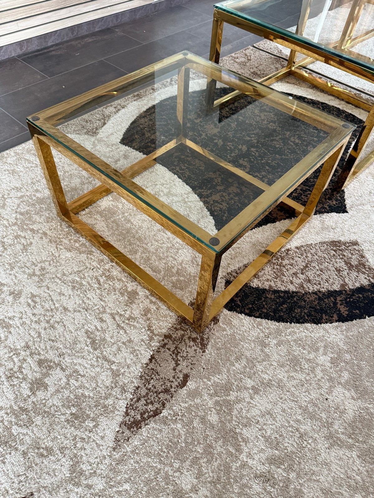Set van 3 gouden salontafels met glazen blad, Ophalen, 100 tot 150 cm, 50 tot 100 cm, Minder dan 50 cm