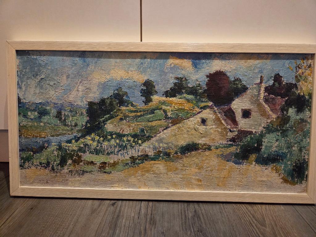 Schilderij Olieverf Heuvel Huis ongesigneerd (66x34cm), Antiek en Kunst, Kunst | Schilderijen | Klassiek, Ophalen