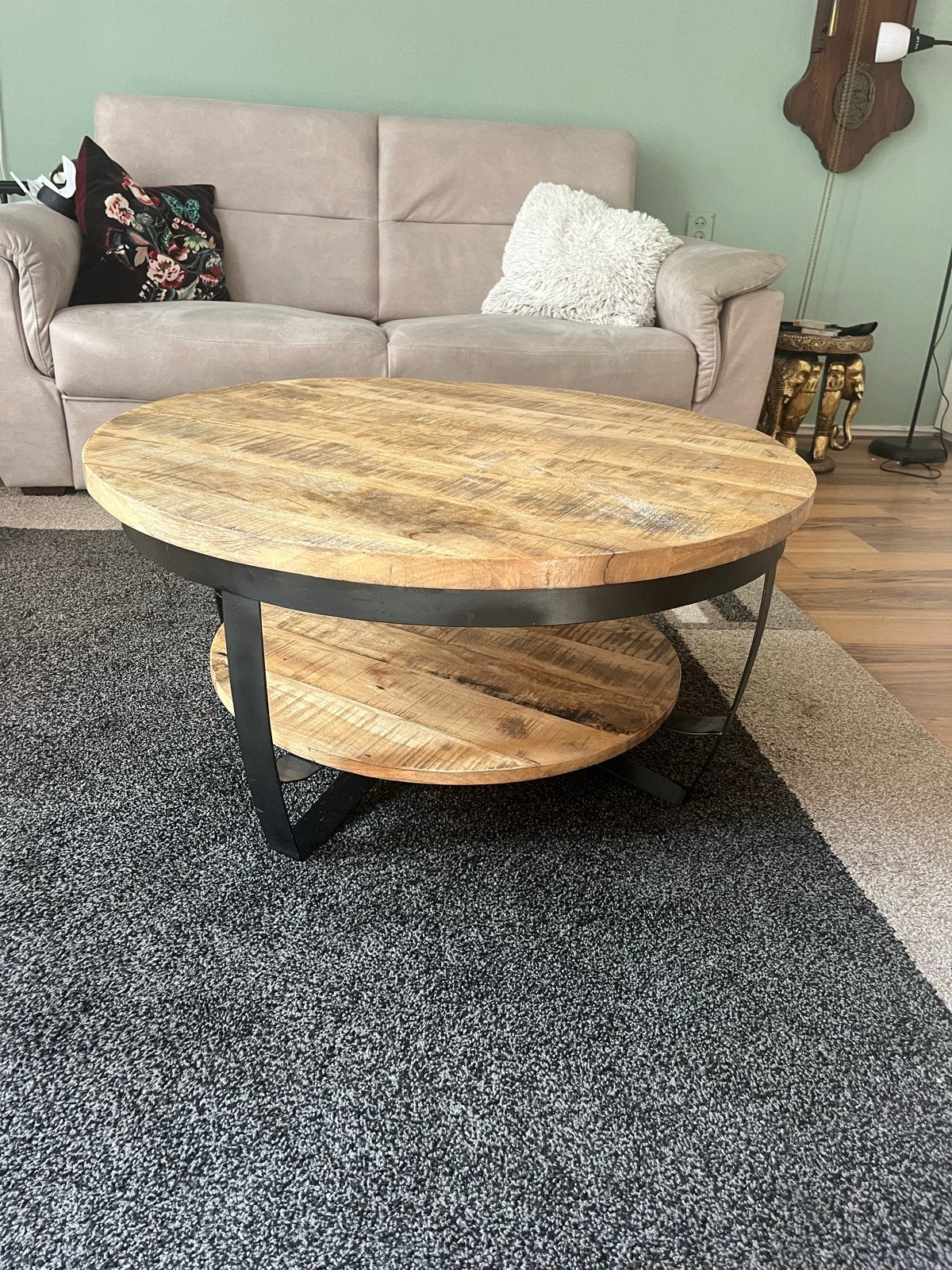 Ronde salontafel van mangohout en metaal, Ophalen, Gebruikt, Rond, 50 tot 100 cm