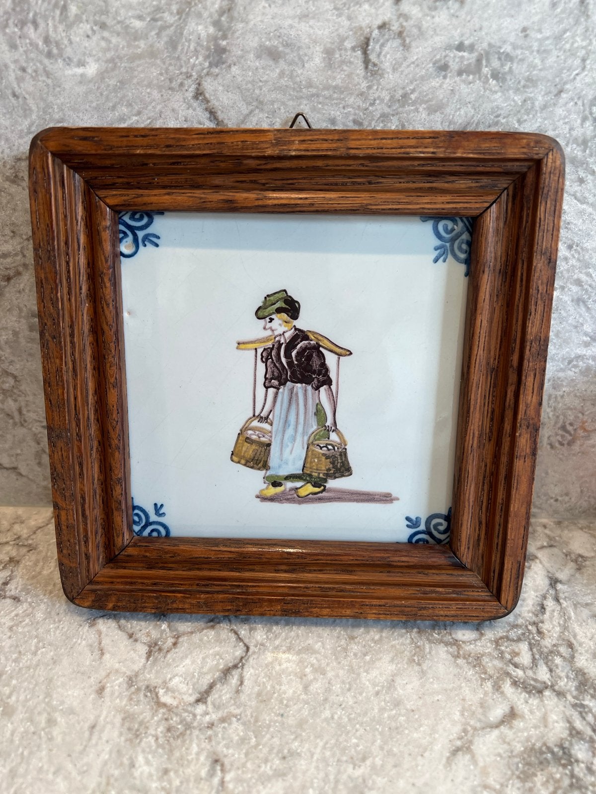 Vintage Delfts Blauw Tegeltje in Houten Lijst, Antiek en Kunst, Ophalen of Verzenden