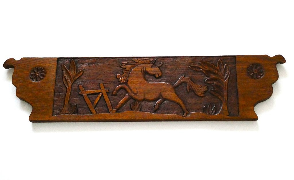 Antiek houtsnijwerk paneel met een eenhoorn fabeldier paard, Overige onderwerpen, Houtsnijwerk, Handgemaakt, Hout