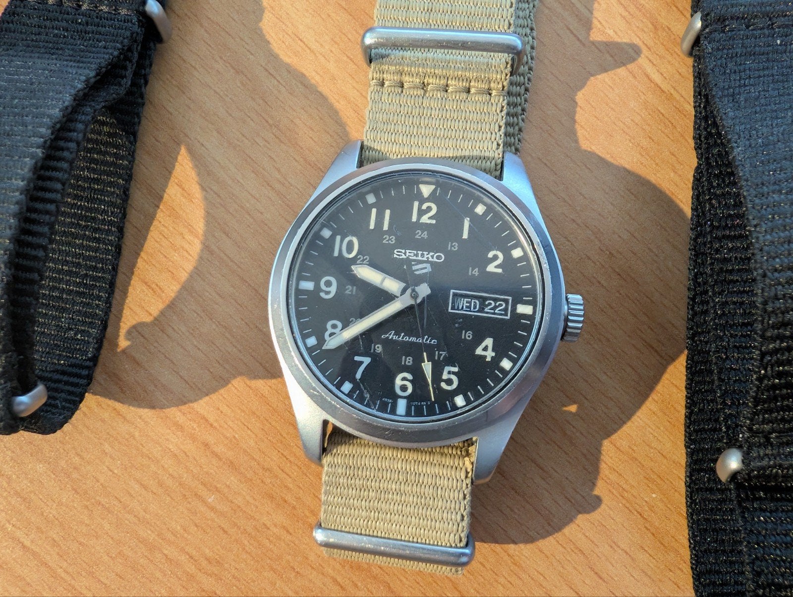 Seiko 5 Automatic Horloge met NATO bandjes, Seiko, Gebruikt, Staal, Polshorloge