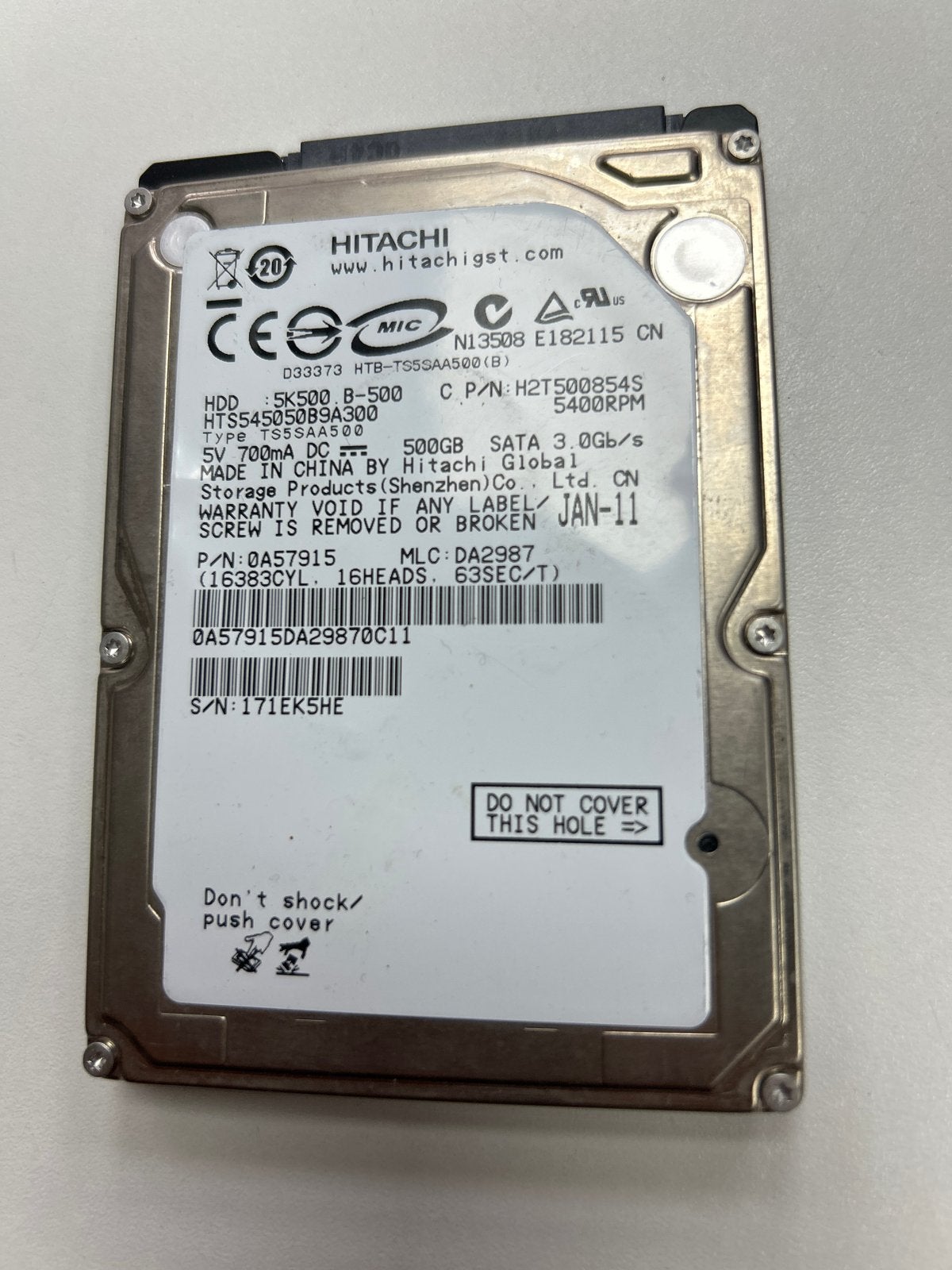 Hitachi 500GB SATA HDD - Intern, 5400RPM, Computers en Software, Harde schijven, Intern, Gebruikt, Ophalen of Verzenden, Laptop