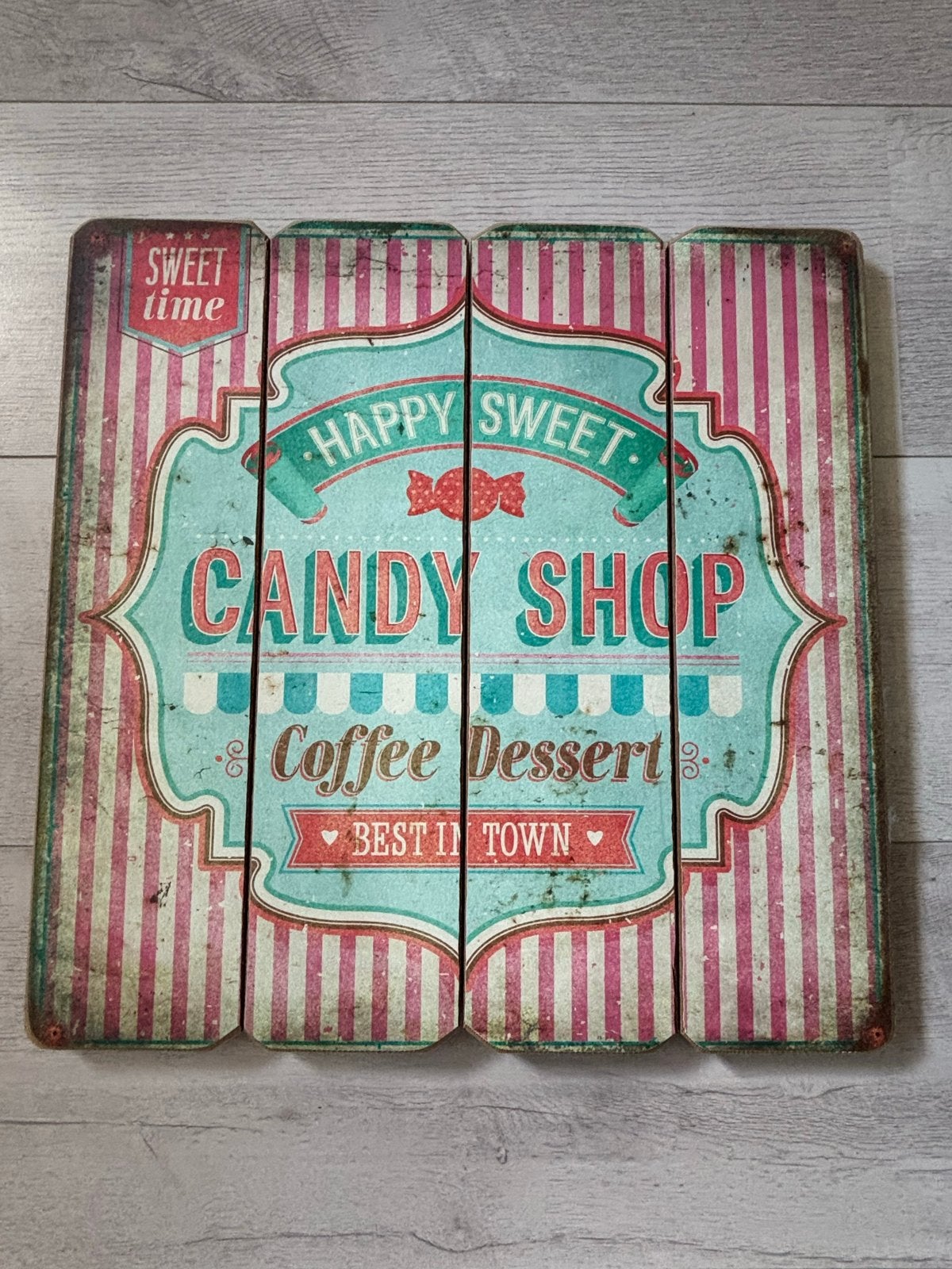 Vintage 'Candy Shop' wanddecoratie - Houten bord, Gebruikt, Hout, Ophalen of Verzenden, Wandbord of Wandpaneel