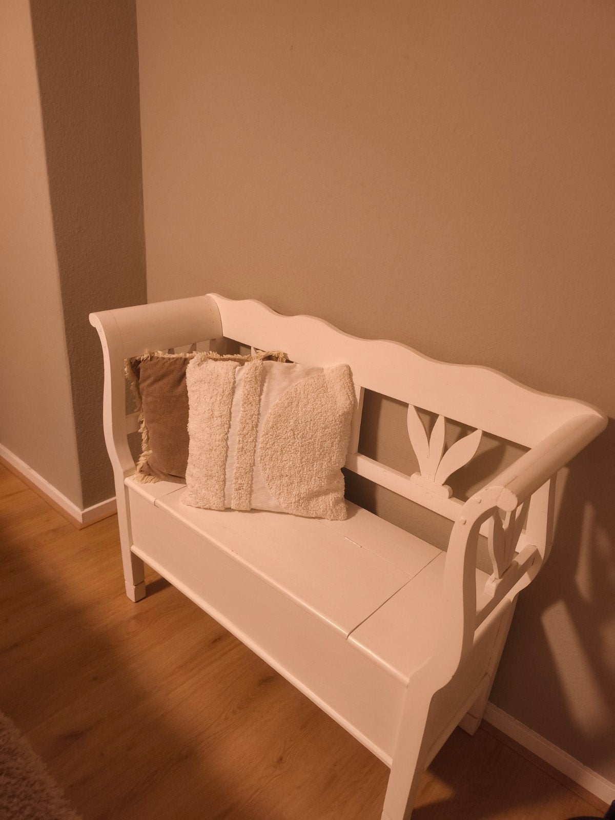 Witte houten bankje met opbergruimte, Huis en Inrichting, Ophalen, Gebruikt, Minder dan 75 cm, Tweepersoons
