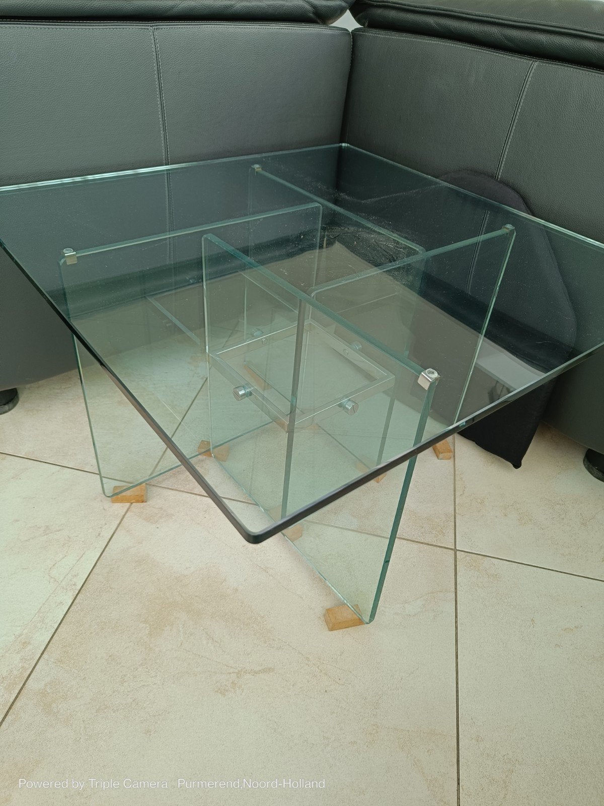 Fontana Arte coffee table glas metaal chroom, 1970, Italië, Huis en Inrichting, Tafels | Salontafels, Gebruikt, 50 tot 100 cm