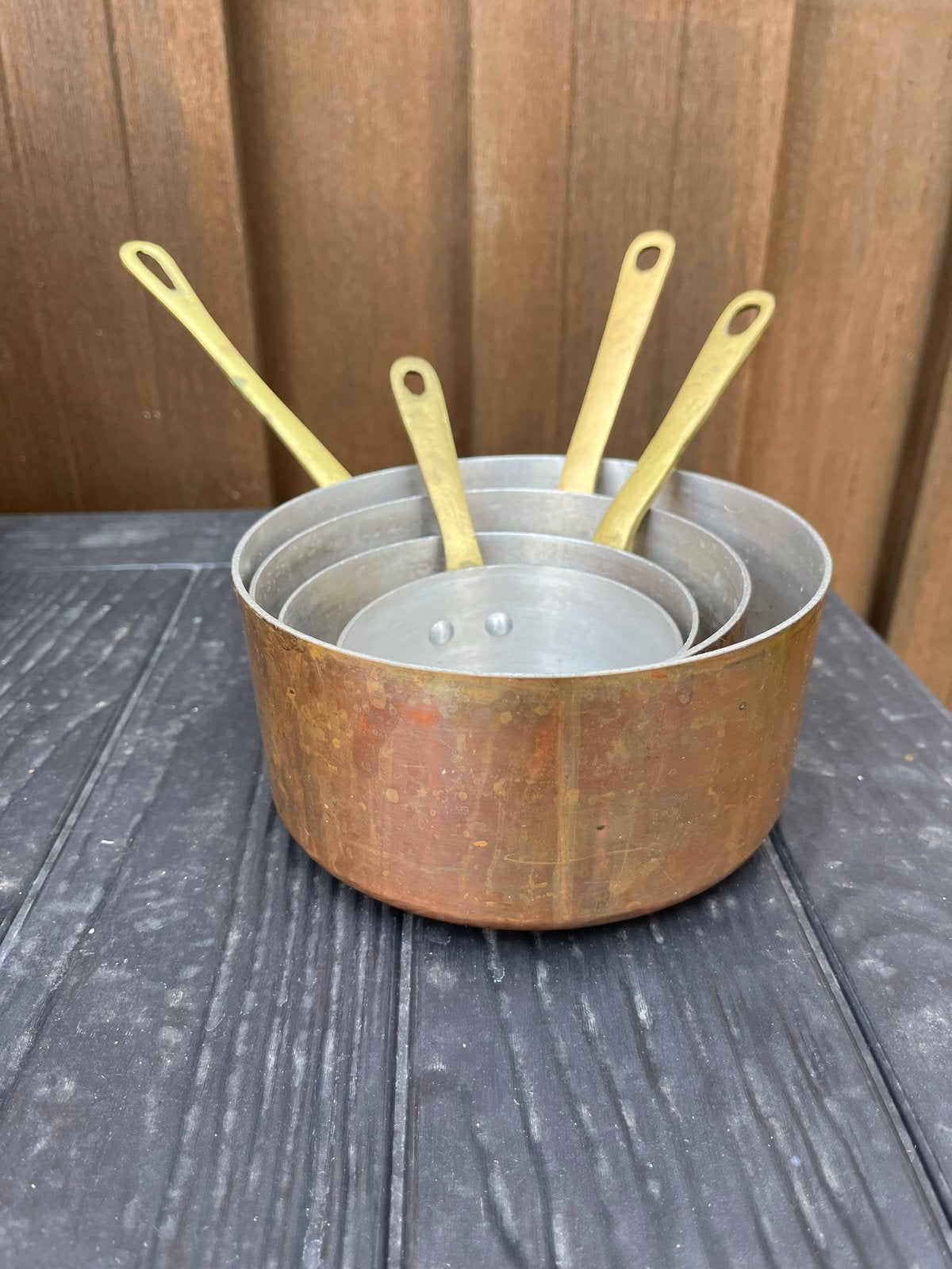 Set van 4 koperen pannetjes met messing handvatten, Huis en Inrichting, Keuken | Potten en Pannen, Met handvatten, Pannenset, Ophalen of Verzenden