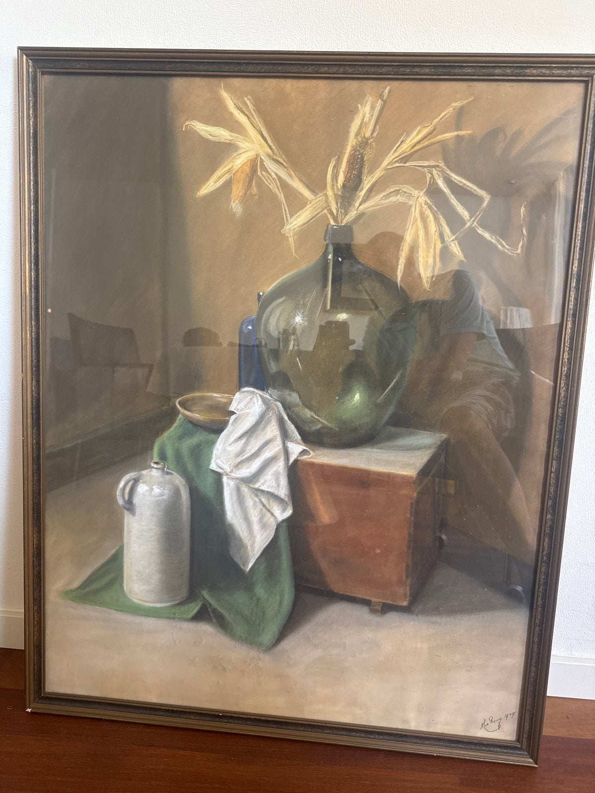 Stilleven met fles, kruik en maïskolven, gesigneerd 1949, Ophalen, Gedateerd, Realistisch, Stilleven
