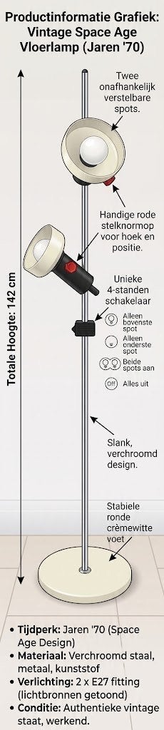 Retro 70s Vloerlamp | 2 Verstelbare Spots | Space Age, Ophalen, Gebruikt, Design, E27 (groot)