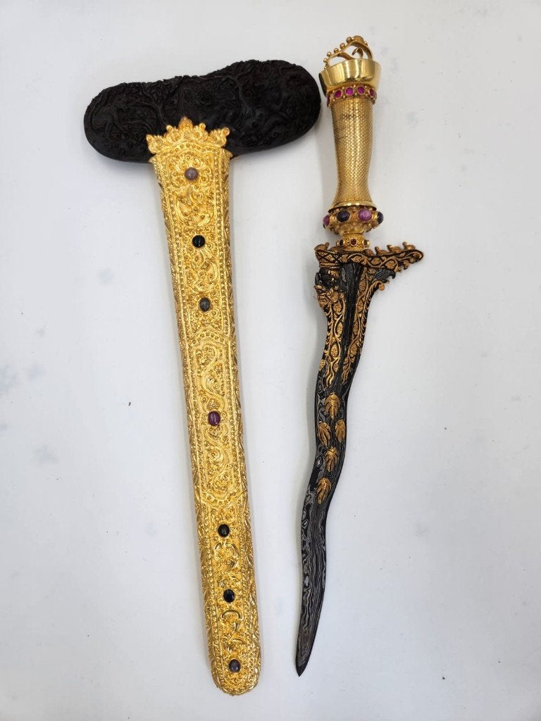 Keris Bali Seselet 5 Luk Wos Wutah Godohan Goldplated KTB94, Verzenden, Overige materialen, Indonesië, Meerkleurig