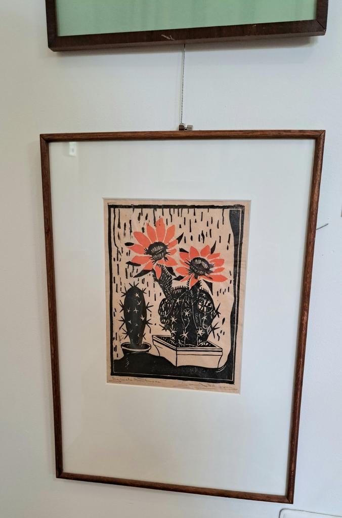 Ingelijste houtdruk: Bloeiende Cactussen, Ophalen of Verzenden