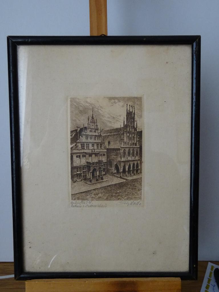 Rathaus in Munster - Onbekende kunstenaar, Antiek en Kunst, Ingelijst, 25 cm, Ets, Stadsgezicht