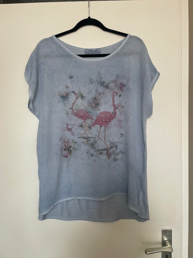 Soepel vallend zomer tropical t-shirt top flamingo mt 40, Maat 38/40 (M), Made in Italy, Blauw, Ophalen of Verzenden