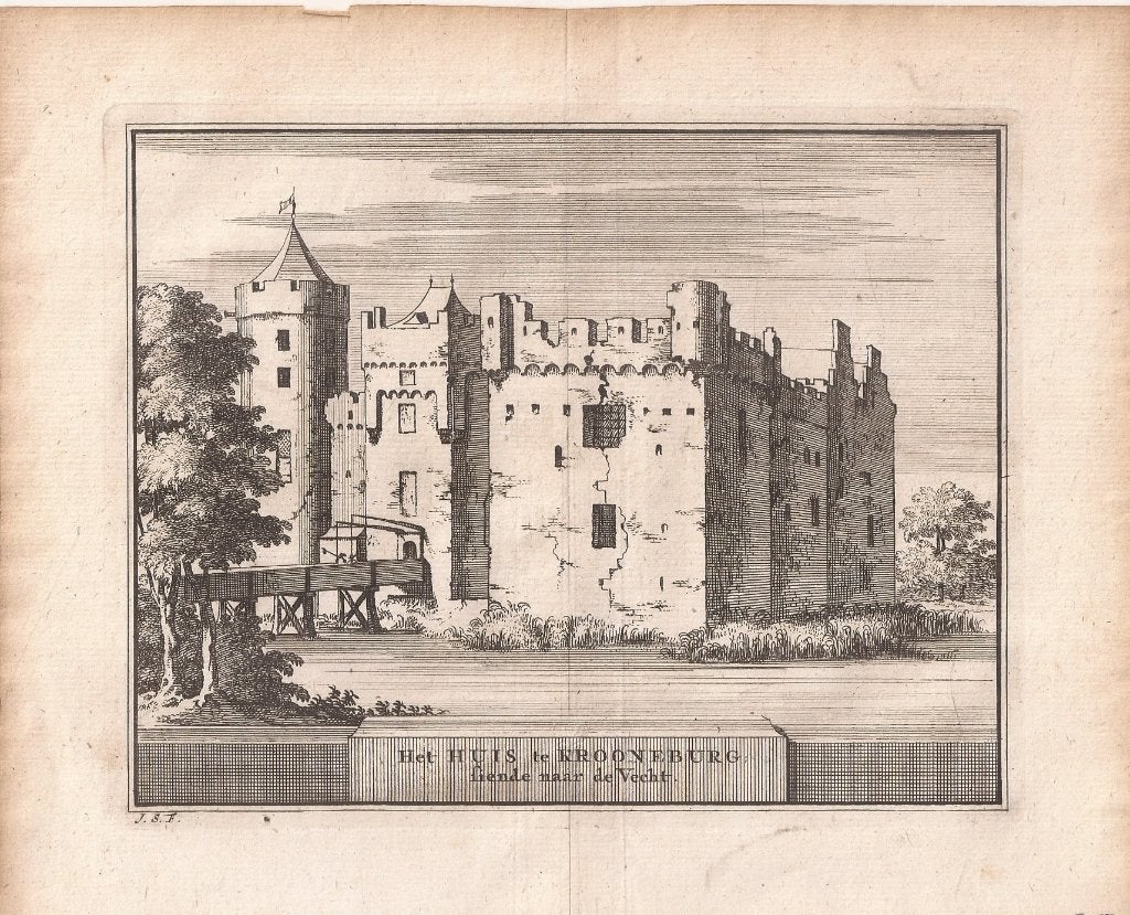 Het Huis te Kronenburg siende naar de Vecht 1711 Loenen, Origineel, Architectuur, Gravure, 13 cm