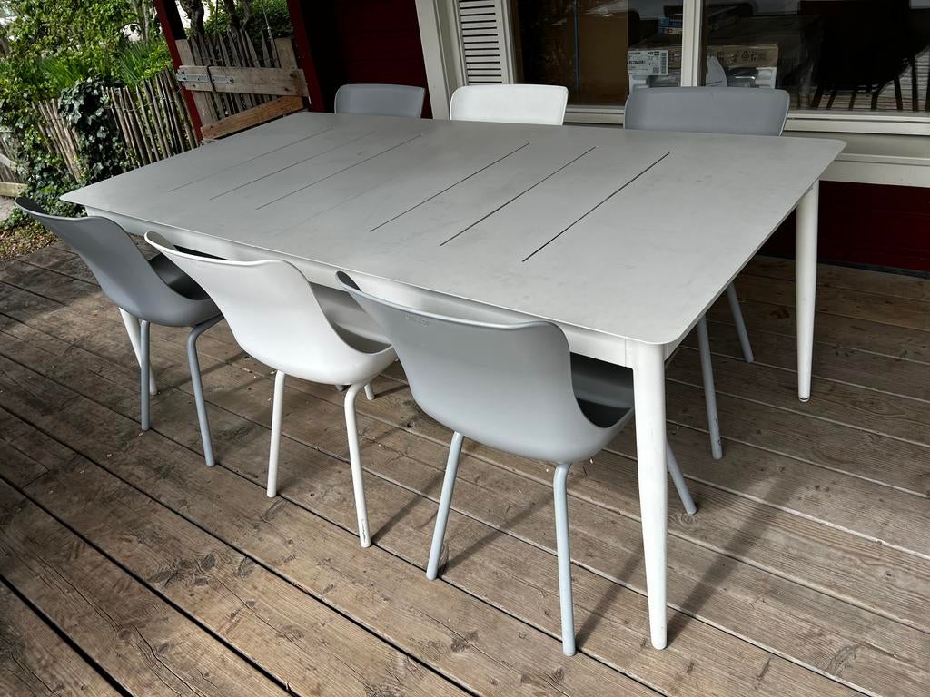 6x Hartman Sophie tuinstoelen en witte uitschuif tuintafel, Ophalen, Gebruikt, Eettafel, 6 zitplaatsen
