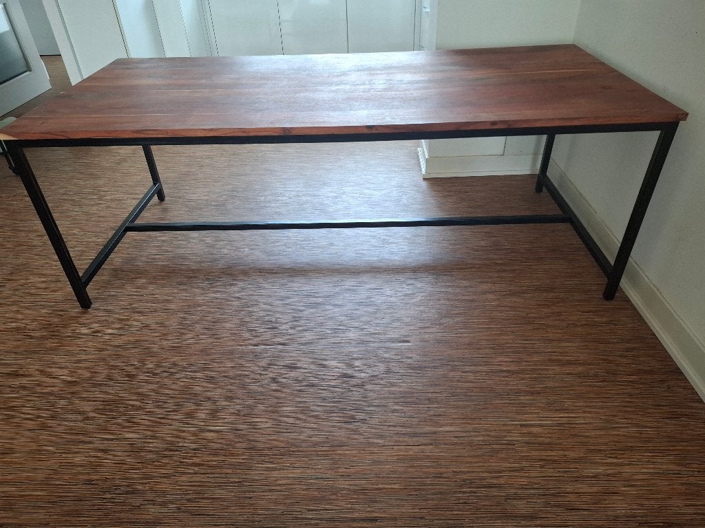 Grote eettafel (Urban Acacia) met 6 luxe stoelen z.g.a.n., 100 tot 150 cm, Modern klassiek, 200 cm of meer, Zo goed als nieuw
