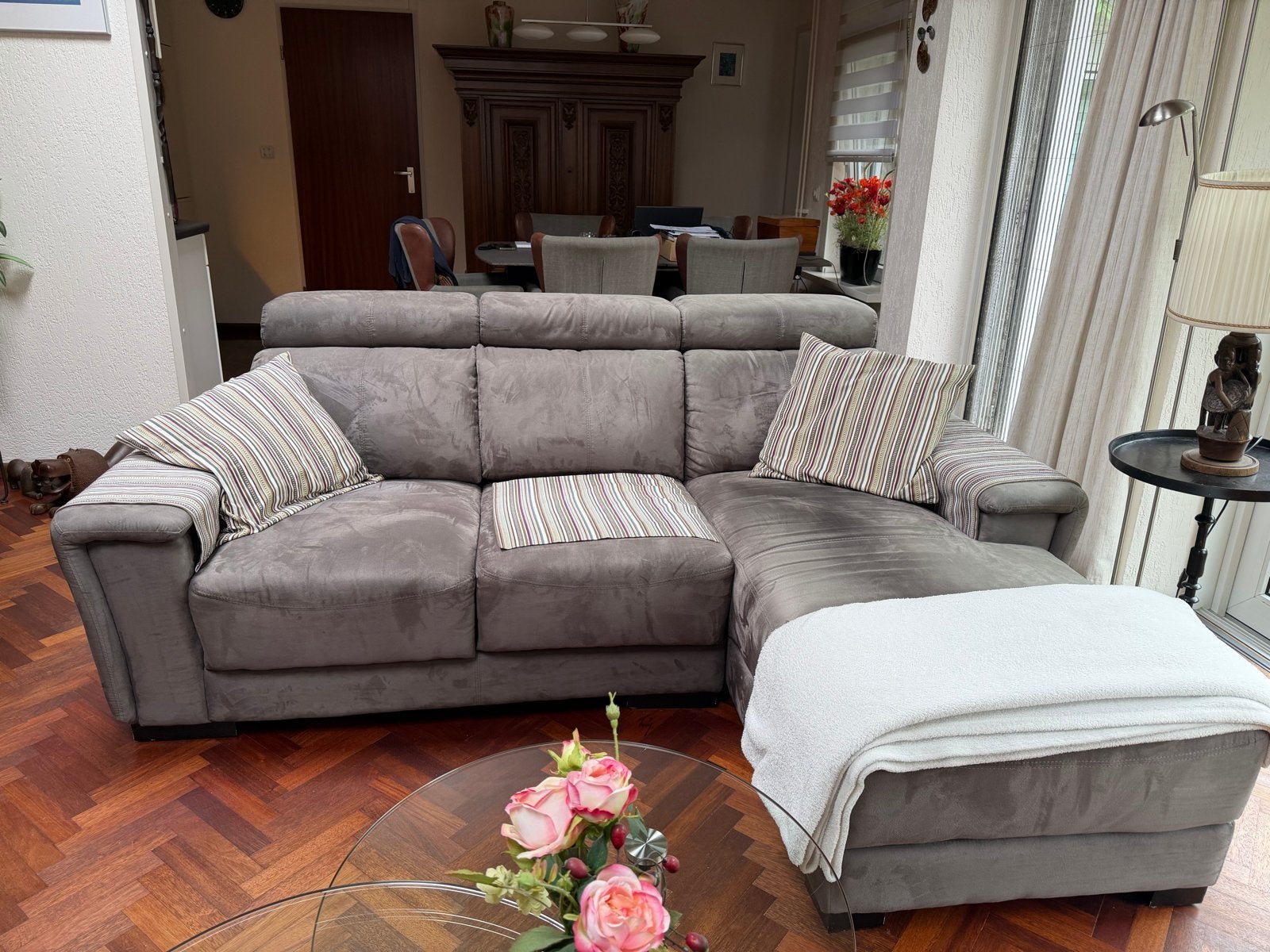 Comfortabele Hoekbank - Grijs Stof, Ophalen, 250 tot 300 cm, Gebruikt, 100 tot 125 cm