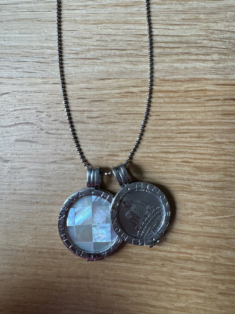 MiMoneda ketting 84cm, met 2 hangers S en M, Met hanger, Ophalen of Verzenden, Zo goed als nieuw, Zilver