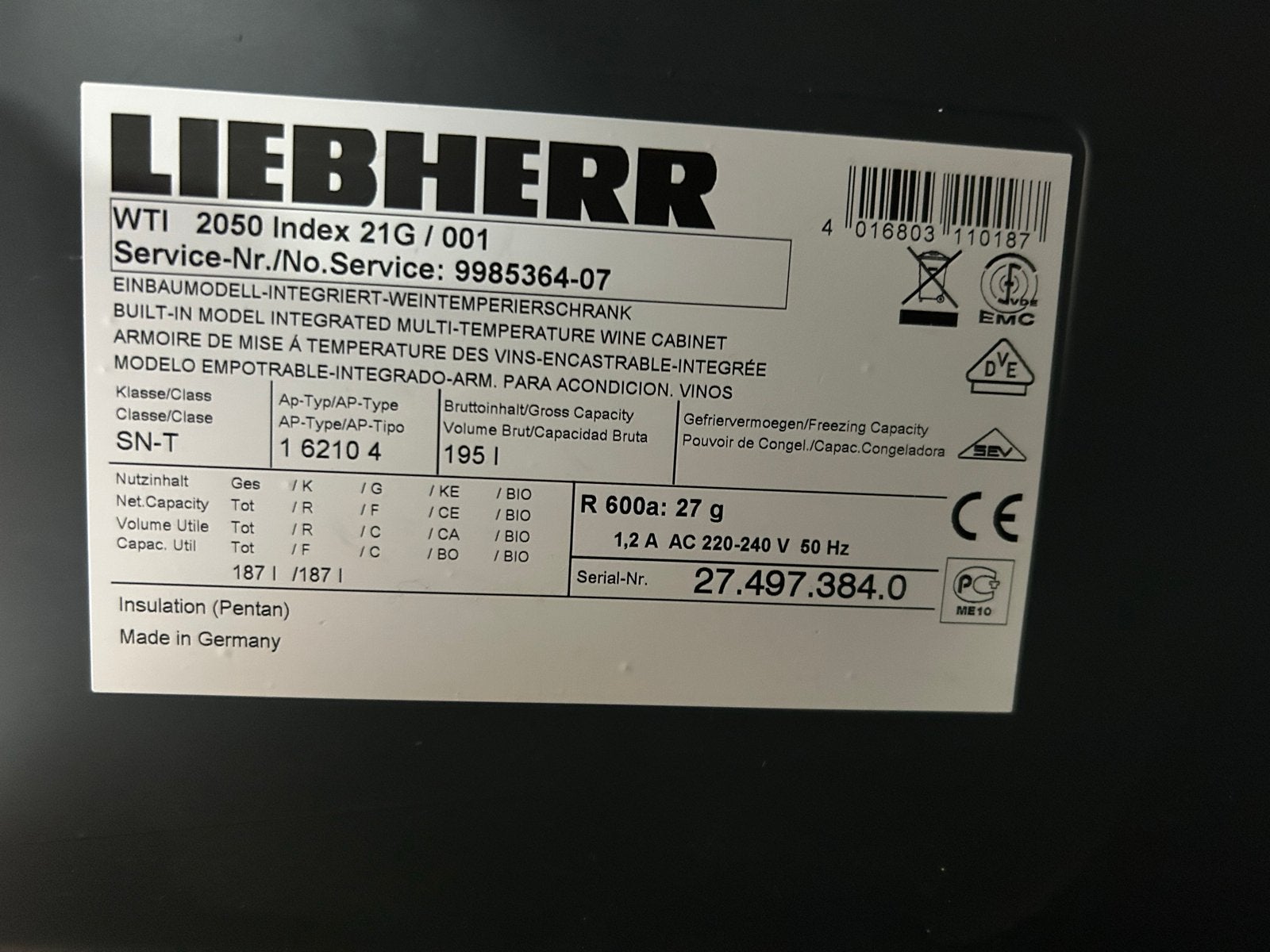 Liebherr Vinidor Wijnklimaatkast WTI 2050 - Inbouw, Ophalen, 150 tot 200 liter, Zonder vriesvak, 120 tot 140 cm