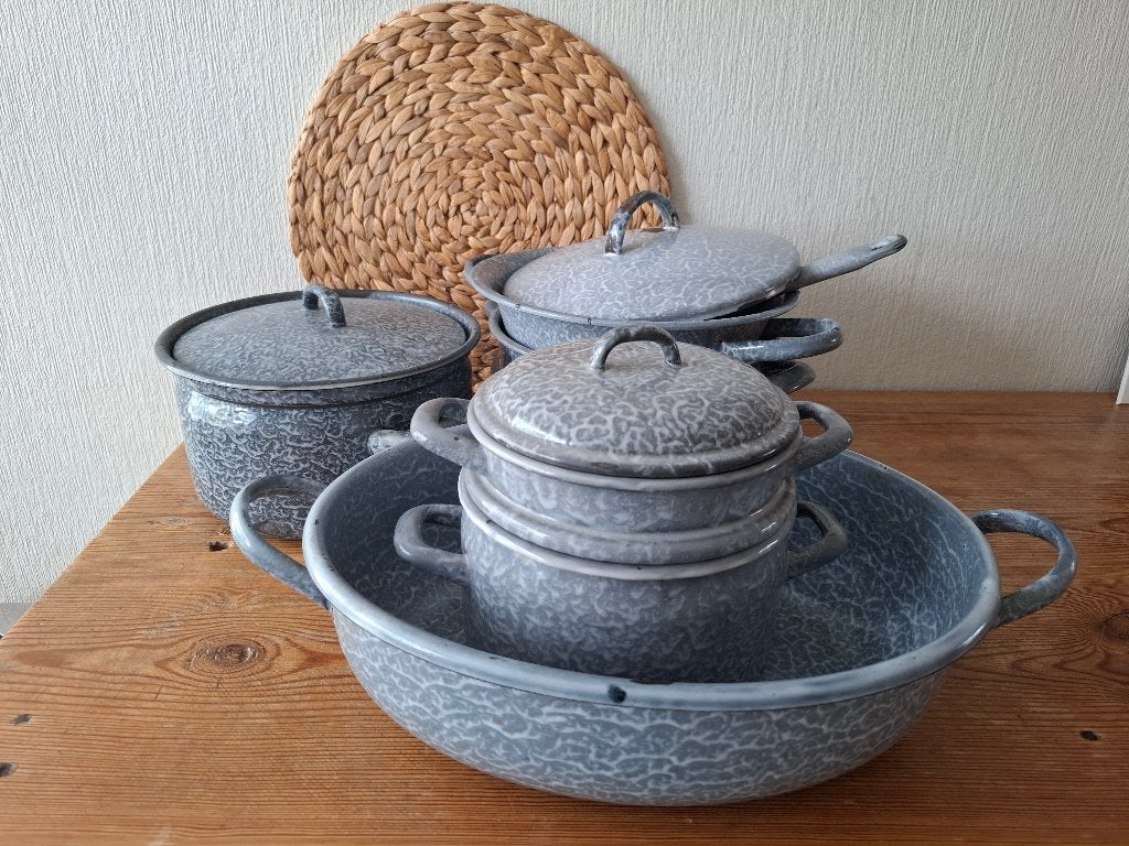 Verzameling grijs gewolkt emaille, Ophalen of Verzenden