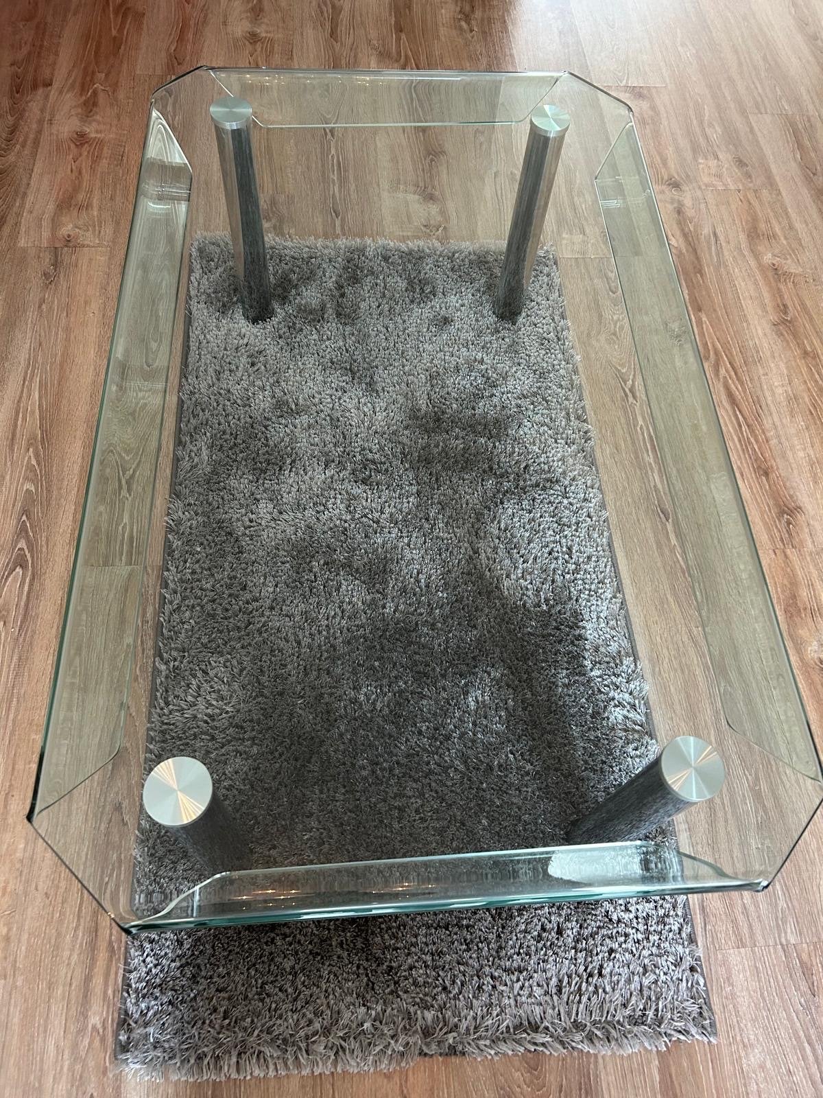 Glazen eettafel en salontafel met chromen poten, Huis en Inrichting, Ophalen, Gebruikt, Rechthoekig, Glas