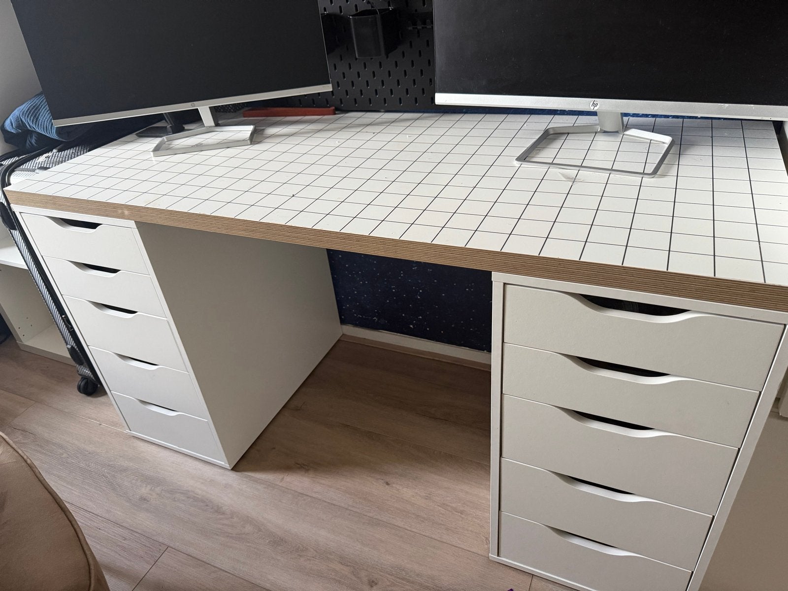 Bureau met 2 IKEA Alex ladekasten en bureaublad, Gebruikt, Met lades, Spaanplaat of MDF, Ophalen of Verzenden