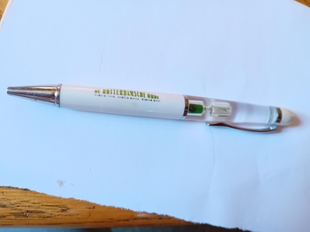 Beweegpen met zandloper De Rotterdamsche Oude, Ophalen of Verzenden, Gebruikt, Vulpen, Overige merken