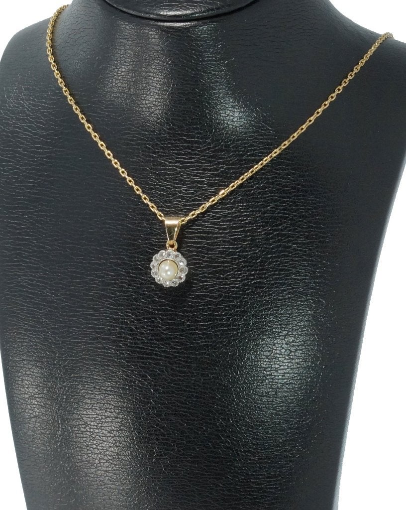 Art Deco diamanten parel 14k ketting hanger goud antiek, Ophalen of Verzenden, Goud, Hanger, Met edelsteen