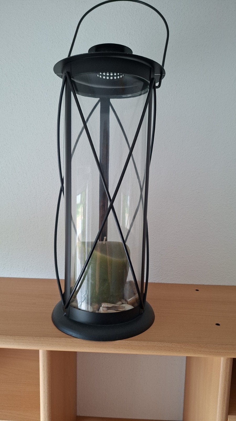 Zwarte lantaarn met glas, 43 cm hoog, Ophalen of Verzenden, Gebruikt, Zwart, Metaal