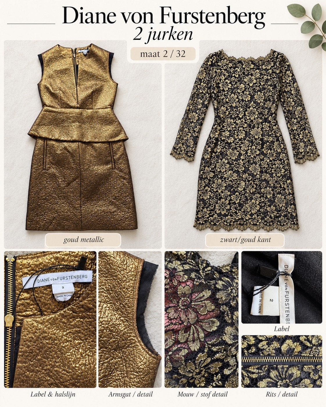 2 stuks zgan diane von furstenberg jurken goud zwart 2 32, Ophalen of Verzenden, Zo goed als nieuw, Maat 34 (XS) of kleiner, Zwart