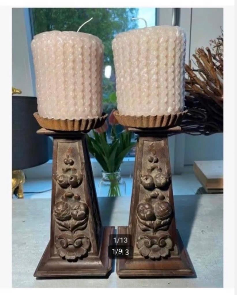 2 x antieke kaarsenstandaards hout met kaarsen, Huis en Inrichting, Woonaccessoires | Kandelaars en Kaarsen, Gebruikt, Ophalen of Verzenden