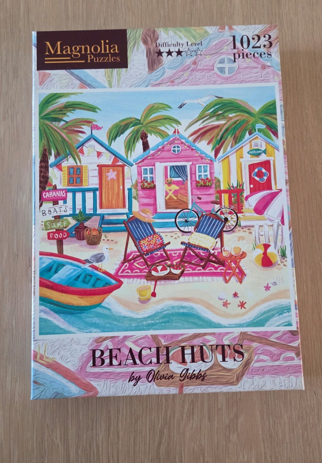 Magnolia - Beach Huts by Olivia Gibbs - 1000 stukjes, Ophalen of Verzenden, 500 t/m 1500 stukjes, Zo goed als nieuw, Legpuzzel