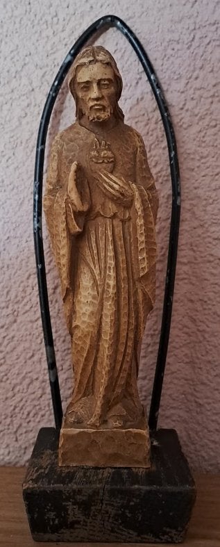 Houten beeldje van Jezus met Heilig Hart, Antiek en Kunst, Ophalen of Verzenden