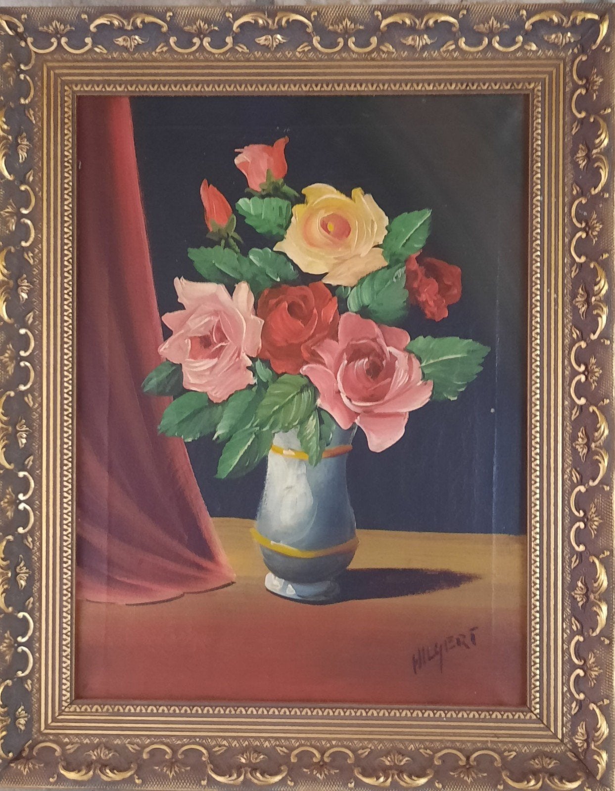 Schilderij: Stilleven met rozen in vaas, gesigneerd, Doek, Realistisch, Stilleven, Ophalen of Verzenden