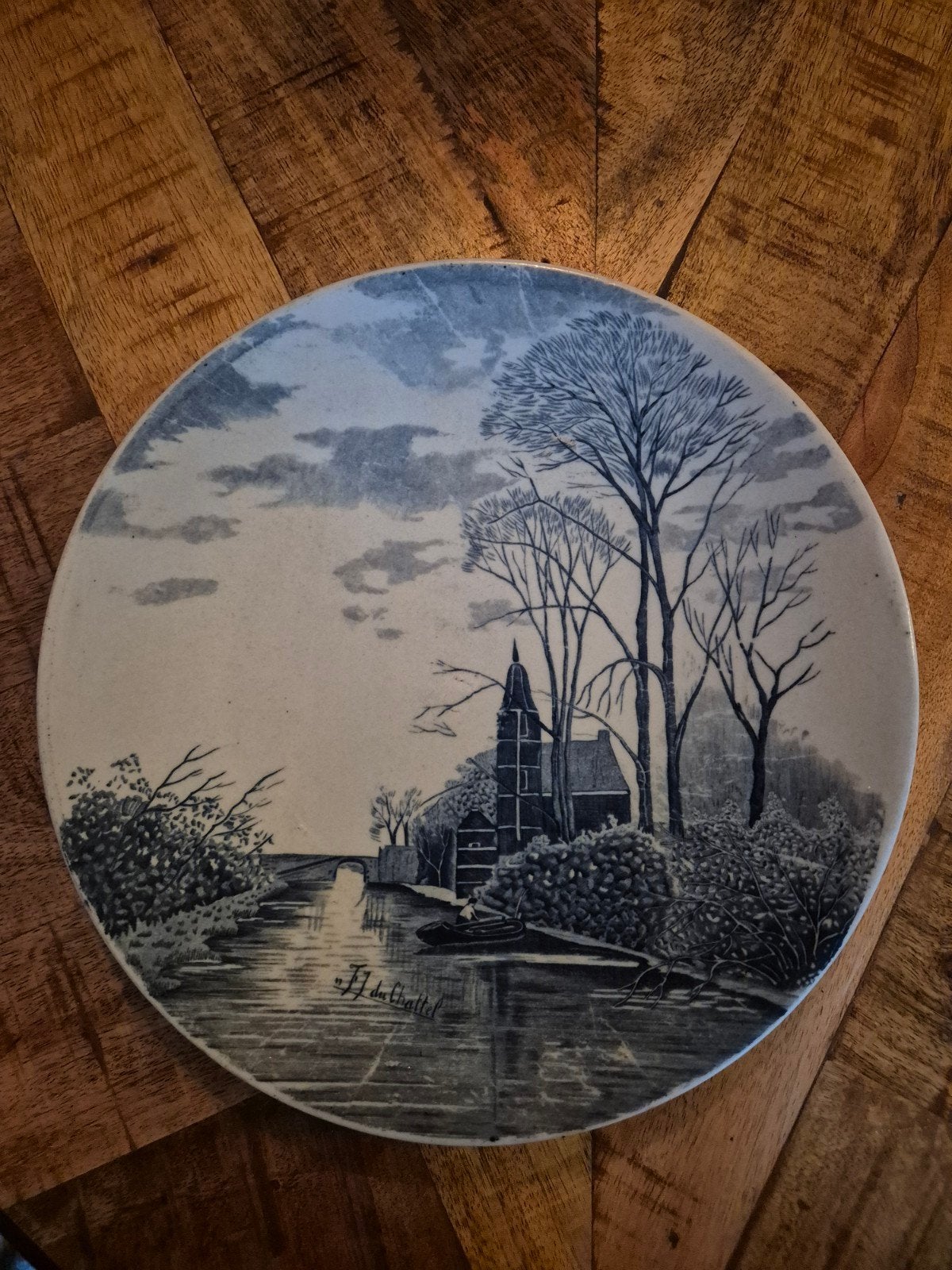 Antiek Delfts Blauw Wandbord - Landschap met Kerk, Antiek en Kunst, Ophalen of Verzenden