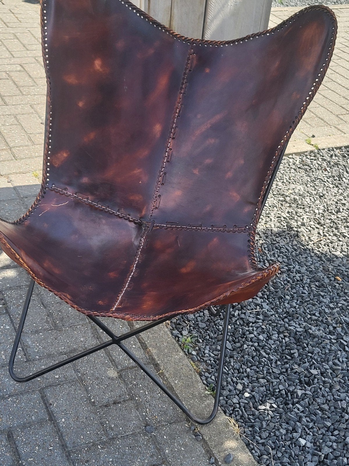 Mooie vintage leren vlinderstoel - design stoel, Bruin, Ophalen of Verzenden, Eén, Leer