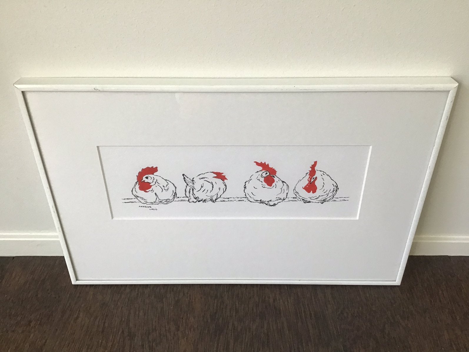 Kippen op stok - door Anneke Calis - mooi ingelijst, Antiek en Kunst, Ophalen of Verzenden