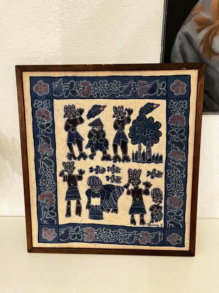 Vintage doek Batik stijl in lijst, Ophalen