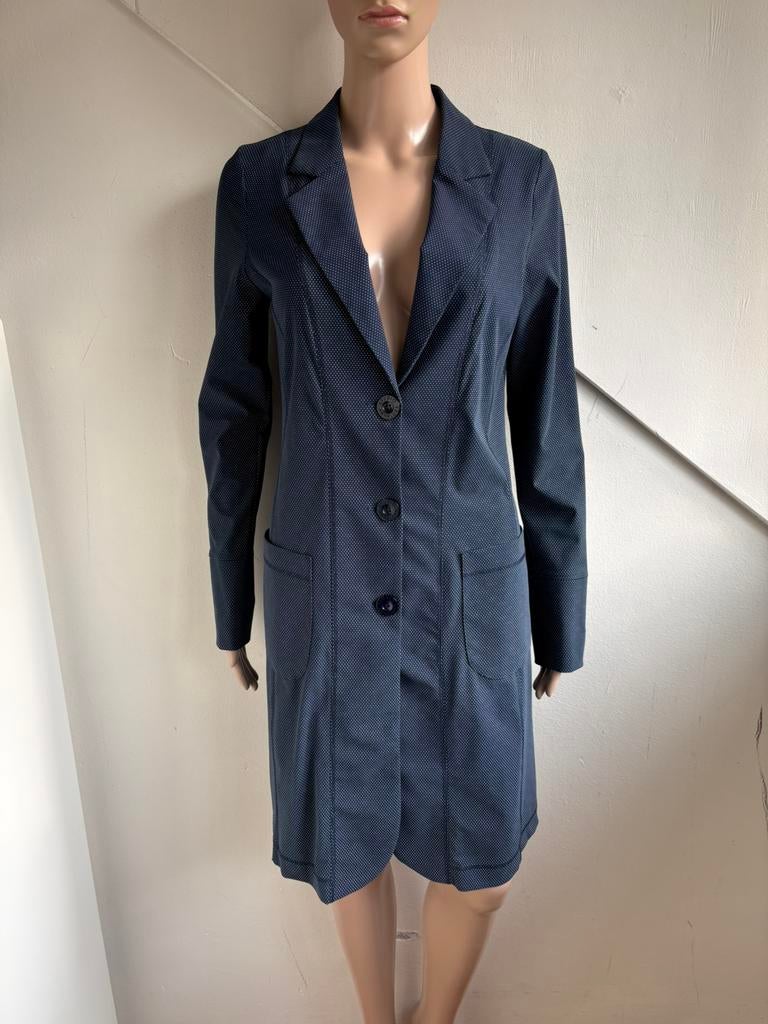 Studio Anneloes travelstof lange blazer maat S blauw wit, Ophalen of Verzenden, Zo goed als nieuw, Maat 38/40 (M), Blauw